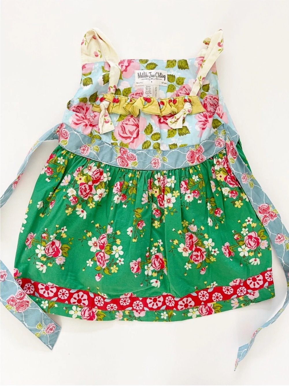 Matilda Jane Green Floral Apron-Style Tank Top with Pink Roses